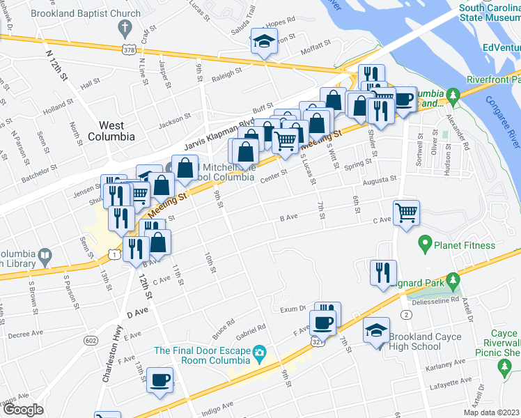 map of restaurants, bars, coffee shops, grocery stores, and more near 306 South Marble Street in West Columbia