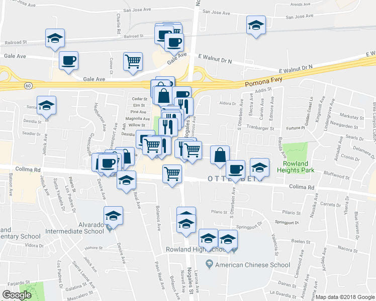 map of restaurants, bars, coffee shops, grocery stores, and more near 1515 Custoza Avenue in Rowland Heights
