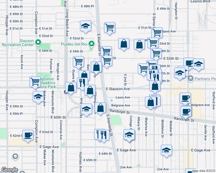 map of restaurants, bars, coffee shops, grocery stores, and more near 5820 S Alameda St in Vernon