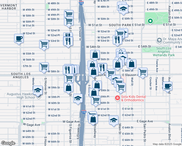 map of restaurants, bars, coffee shops, grocery stores, and more near 331 West 58th Street in Los Angeles