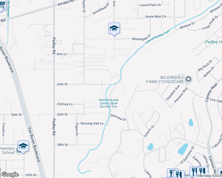 map of restaurants, bars, coffee shops, grocery stores, and more near 5433 Sunset Ridge Drive in Riverside