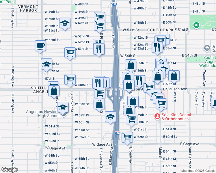map of restaurants, bars, coffee shops, grocery stores, and more near 430 West 58th Street in Los Angeles