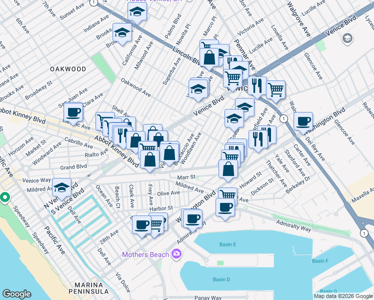 map of restaurants, bars, coffee shops, grocery stores, and more near 615 Woodlawn Avenue in Los Angeles