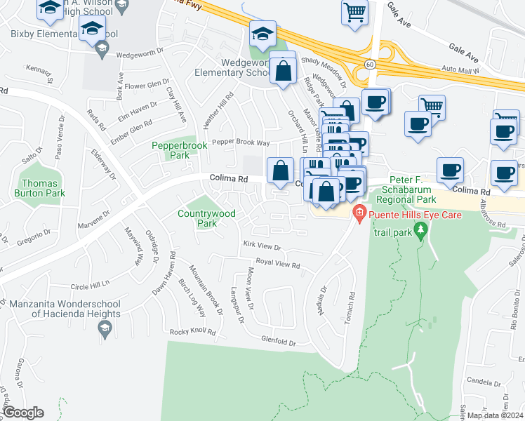 map of restaurants, bars, coffee shops, grocery stores, and more near 1929 Pritchard Way in Hacienda Heights
