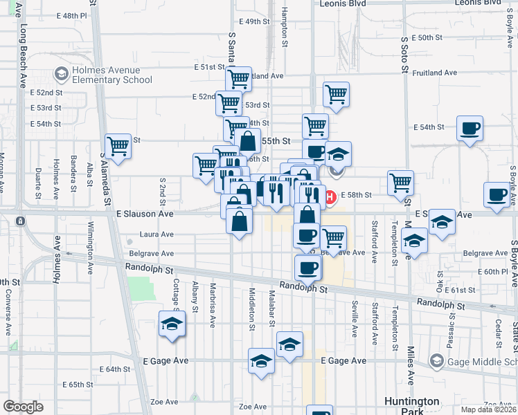 map of restaurants, bars, coffee shops, grocery stores, and more near 2454 E 58th St in Vernon