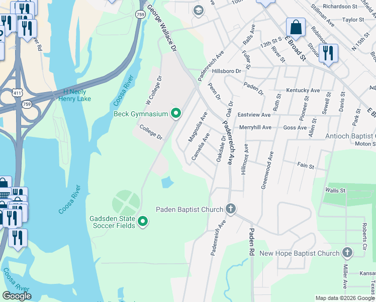 map of restaurants, bars, coffee shops, grocery stores, and more near 712 Crestview Drive in Gadsden