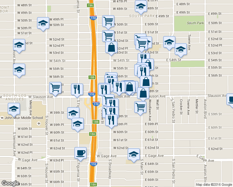 map of restaurants, bars, coffee shops, grocery stores, and more near 238 West 58th Street in Los Angeles