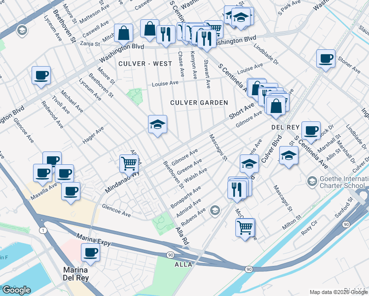 map of restaurants, bars, coffee shops, grocery stores, and more near 12751 Short Avenue in Los Angeles