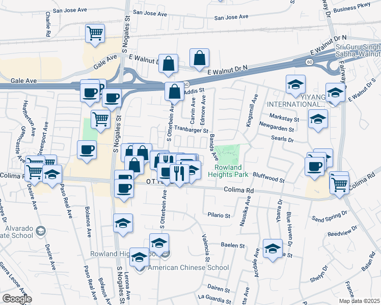 map of restaurants, bars, coffee shops, grocery stores, and more near 1560 South Otterbein Avenue in Rowland Heights