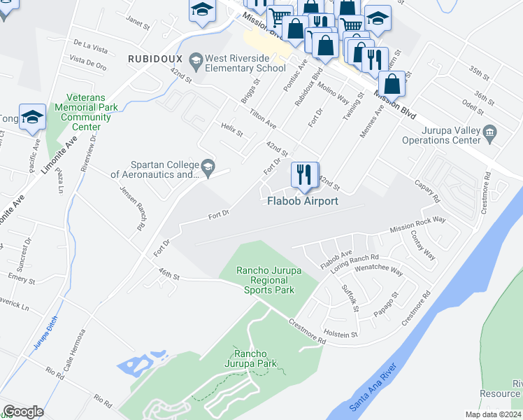 map of restaurants, bars, coffee shops, grocery stores, and more near 4130 Mennes Avenue in Riverside