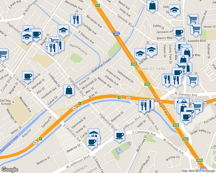 map of restaurants, bars, coffee shops, grocery stores, and more near 11856 Bray Street in Culver City