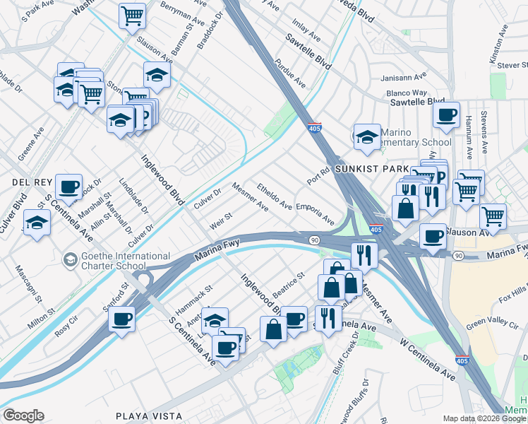 map of restaurants, bars, coffee shops, grocery stores, and more near 11856 Bray Street in Culver City