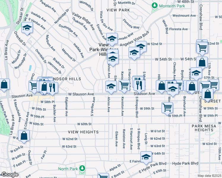map of restaurants, bars, coffee shops, grocery stores, and more near 5740 Alviso Avenue in View Park-Windsor Hills