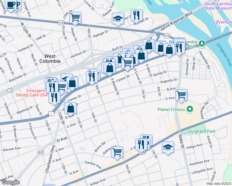 map of restaurants, bars, coffee shops, grocery stores, and more near 766 Augusta Street in West Columbia