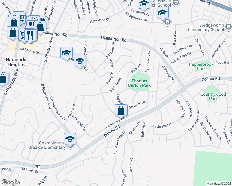 map of restaurants, bars, coffee shops, grocery stores, and more near 16322 Paseo De Rocha Drive in Hacienda Heights