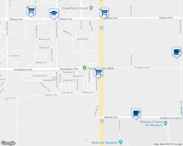 map of restaurants, bars, coffee shops, grocery stores, and more near 14525 Purdue Avenue in Chino