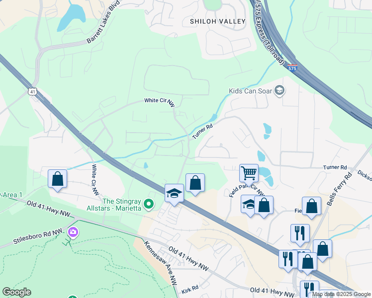 map of restaurants, bars, coffee shops, grocery stores, and more near 385 Cherry Tree Lane Northeast in Marietta