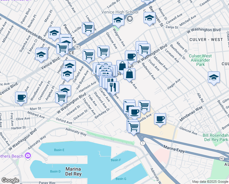 map of restaurants, bars, coffee shops, grocery stores, and more near 4056 Del Rey Avenue in Marina del Rey