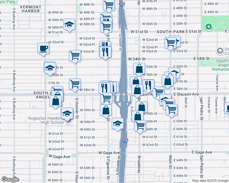 map of restaurants, bars, coffee shops, grocery stores, and more near 430 West 58th Street in Los Angeles