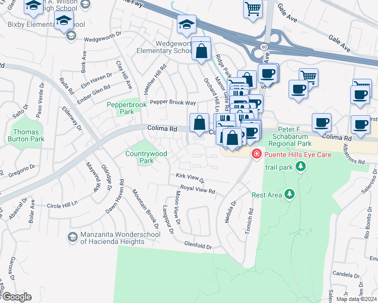 map of restaurants, bars, coffee shops, grocery stores, and more near 1938 Pritchard Way in Hacienda Heights