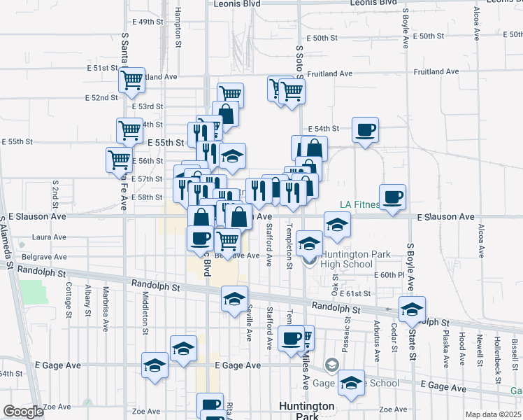 map of restaurants, bars, coffee shops, grocery stores, and more near 2700 East 58th Street in Huntington Park