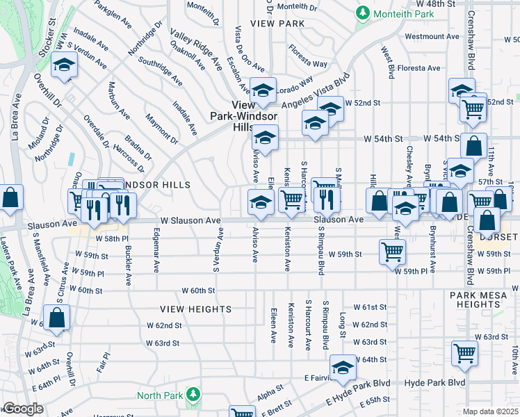map of restaurants, bars, coffee shops, grocery stores, and more near 5740 Alviso Avenue in View Park-Windsor Hills