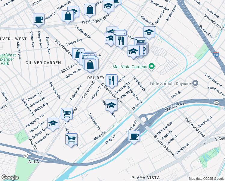 map of restaurants, bars, coffee shops, grocery stores, and more near 12371 Braddock Drive in Culver City