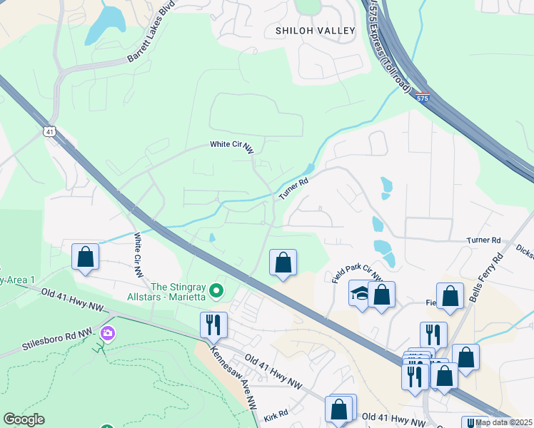 map of restaurants, bars, coffee shops, grocery stores, and more near 393 Cherry Tree Lane Northeast in Marietta