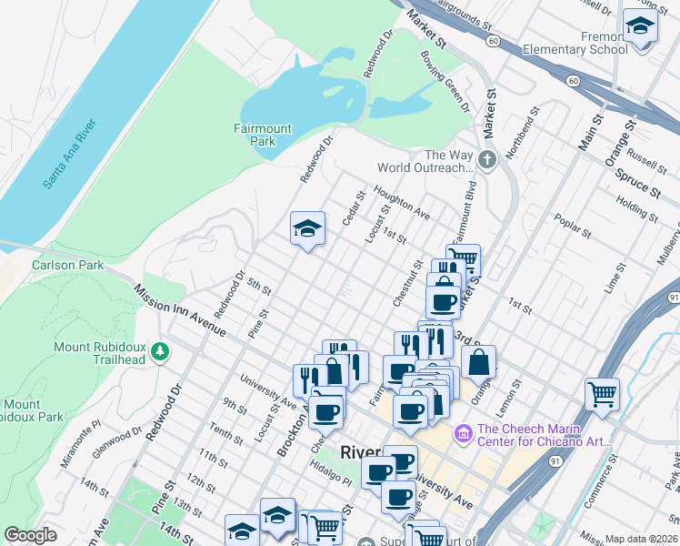 map of restaurants, bars, coffee shops, grocery stores, and more near 3309 Locust Street in Riverside