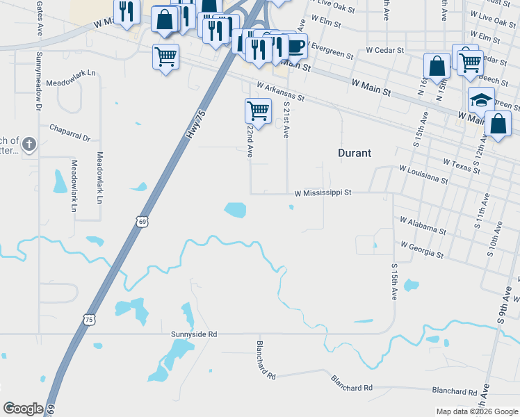 map of restaurants, bars, coffee shops, grocery stores, and more near 234 South 22nd Avenue in Durant