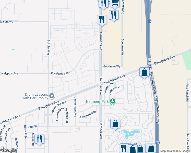map of restaurants, bars, coffee shops, grocery stores, and more near 3921 East Carmel Privado in Ontario