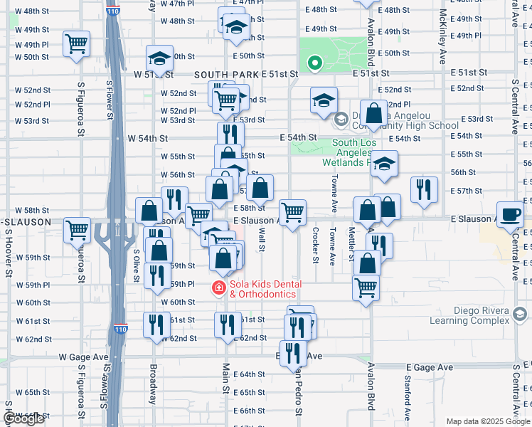 map of restaurants, bars, coffee shops, grocery stores, and more near 159 East 58th Street in Los Angeles