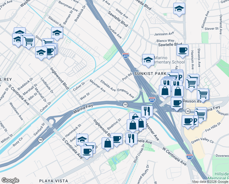 map of restaurants, bars, coffee shops, grocery stores, and more near 5315 Etheldo Avenue in Culver City