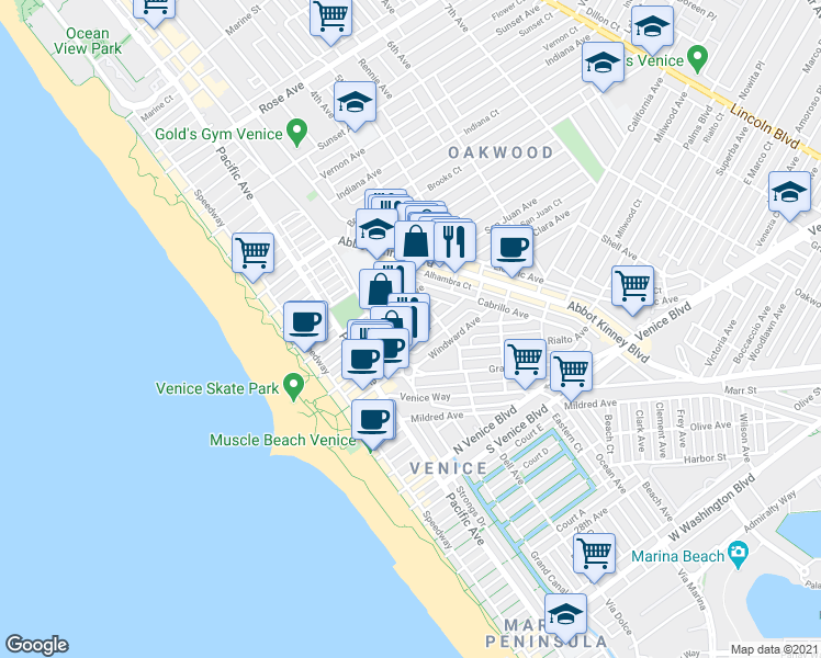 map of restaurants, bars, coffee shops, grocery stores, and more near 216 San Juan Avenue in Los Angeles