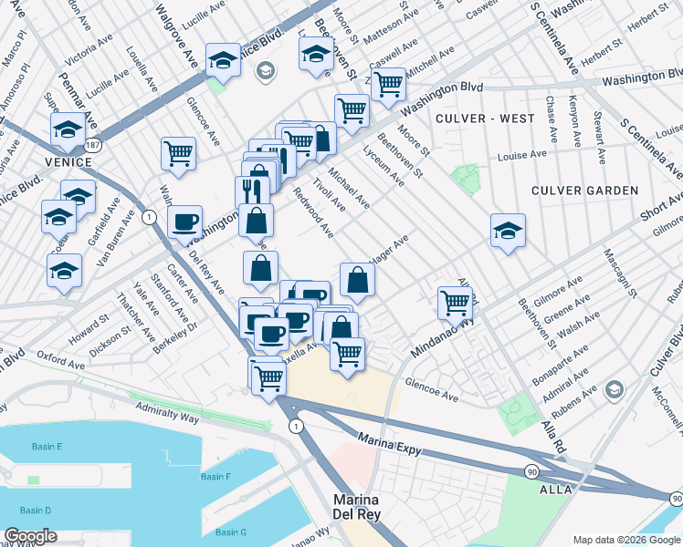 map of restaurants, bars, coffee shops, grocery stores, and more near 4151 Redwood Avenue in Los Angeles