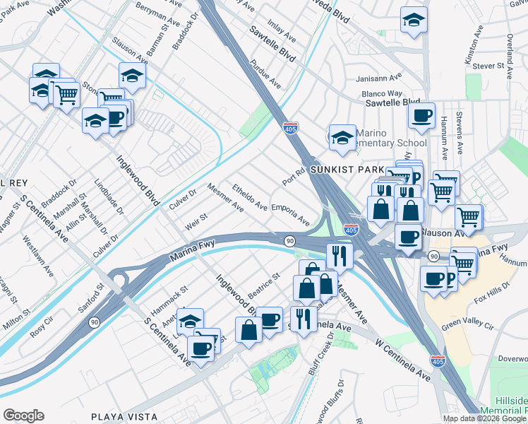 map of restaurants, bars, coffee shops, grocery stores, and more near 5284 Etheldo Avenue in Culver City