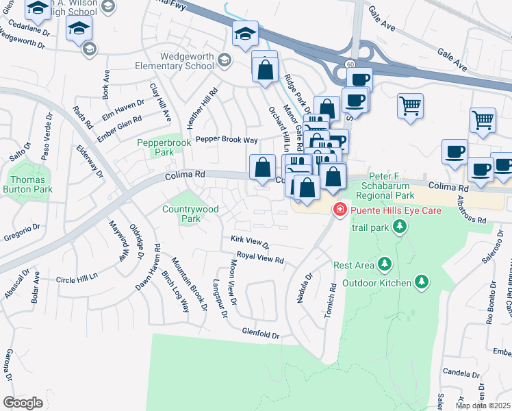 map of restaurants, bars, coffee shops, grocery stores, and more near 17078 Colima Road in Hacienda Heights