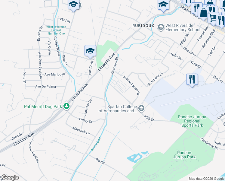 map of restaurants, bars, coffee shops, grocery stores, and more near 4620 Riverview Drive in Riverside