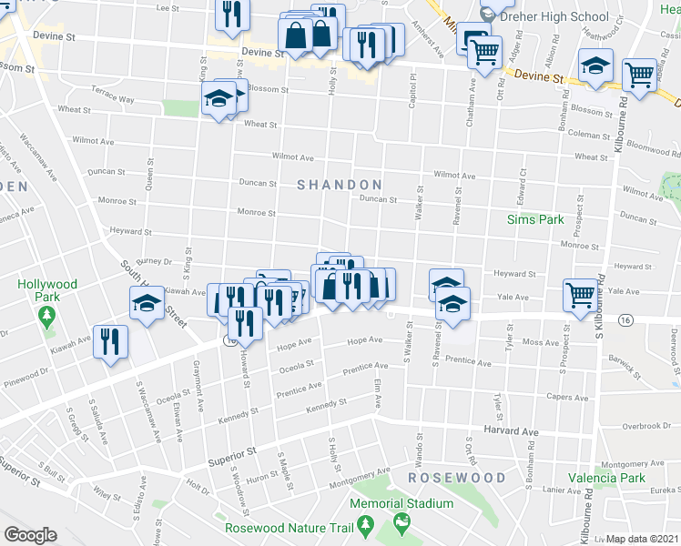 map of restaurants, bars, coffee shops, grocery stores, and more near 121 South Shandon Street in Columbia