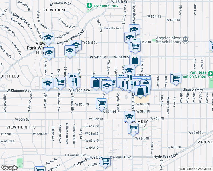 map of restaurants, bars, coffee shops, grocery stores, and more near 5743 Chesley Avenue in Los Angeles