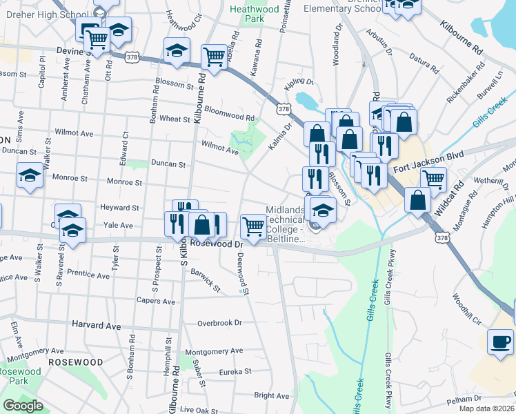 map of restaurants, bars, coffee shops, grocery stores, and more near 4225 Mimosa Road in Columbia