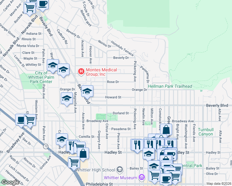map of restaurants, bars, coffee shops, grocery stores, and more near 12401 Orange Drive in Whittier