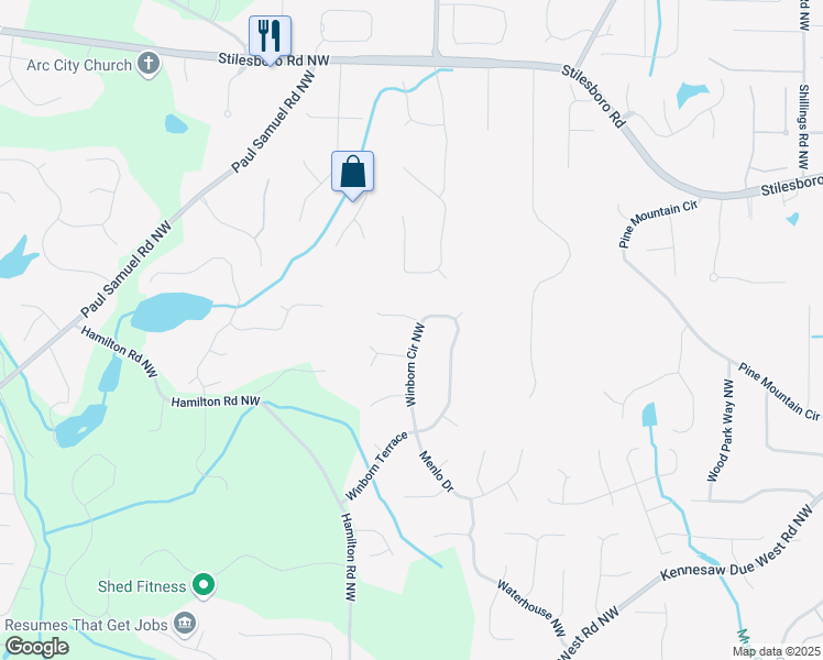 map of restaurants, bars, coffee shops, grocery stores, and more near 1386 Winborn Circle Northwest in Kennesaw
