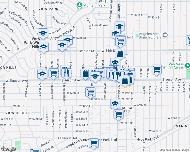 map of restaurants, bars, coffee shops, grocery stores, and more near 5743 Chesley Avenue in Los Angeles
