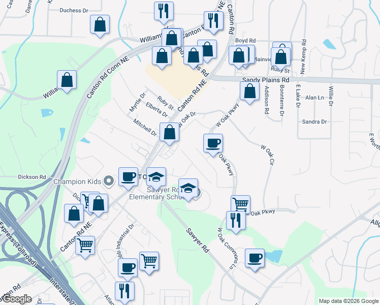 map of restaurants, bars, coffee shops, grocery stores, and more near 1598 Kings Road in Marietta