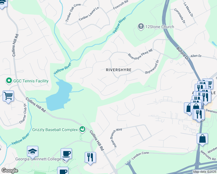 map of restaurants, bars, coffee shops, grocery stores, and more near 131 Shyrewood Drive in Lawrenceville