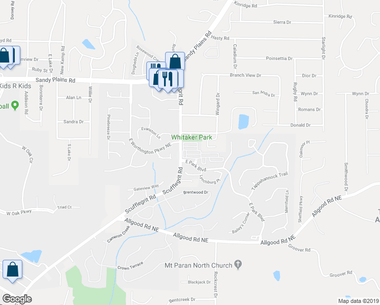 map of restaurants, bars, coffee shops, grocery stores, and more near 1612 Morningside Trce in Marietta