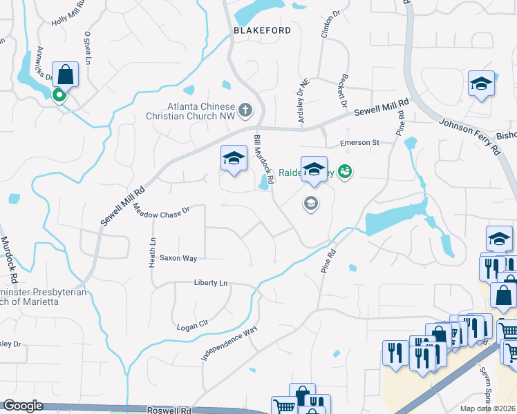 map of restaurants, bars, coffee shops, grocery stores, and more near 1604 Princeton West Trail in Marietta