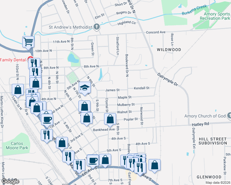 map of restaurants, bars, coffee shops, grocery stores, and more near 907 James Street in Amory