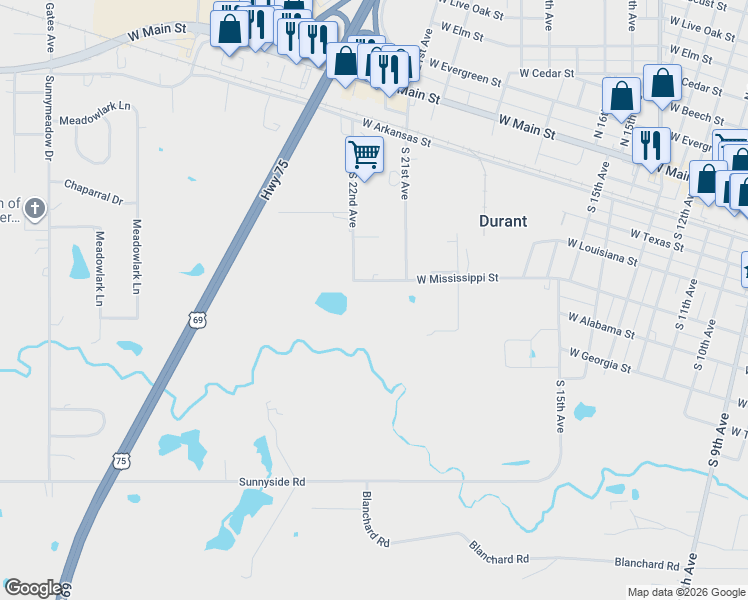 map of restaurants, bars, coffee shops, grocery stores, and more near 200-296 South 22nd Avenue in Durant